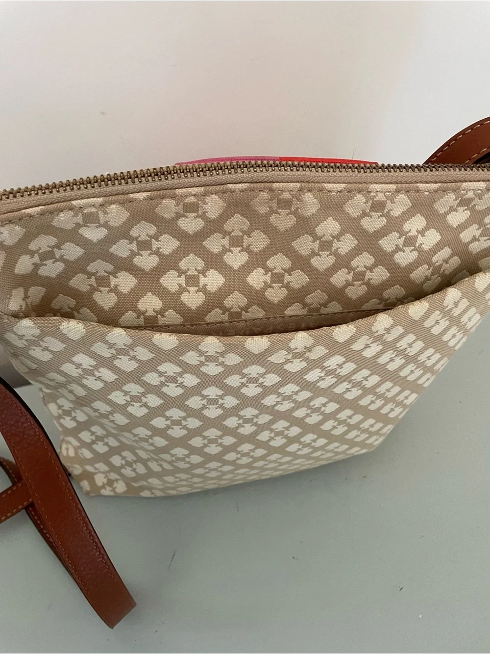 Kate Spade Beige Crossbody with Pink and Red Center Stripe